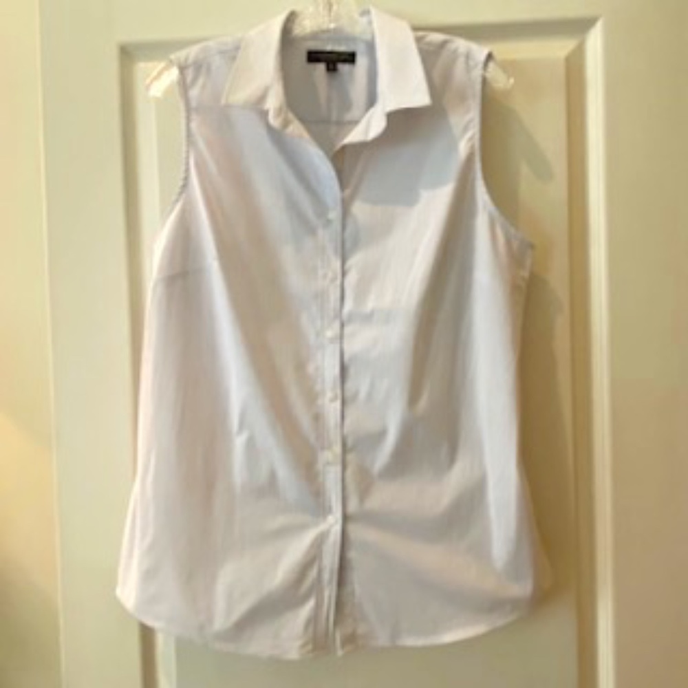 Banana Republic sleeveless collard blouse pale blue w white pin stripe size 14